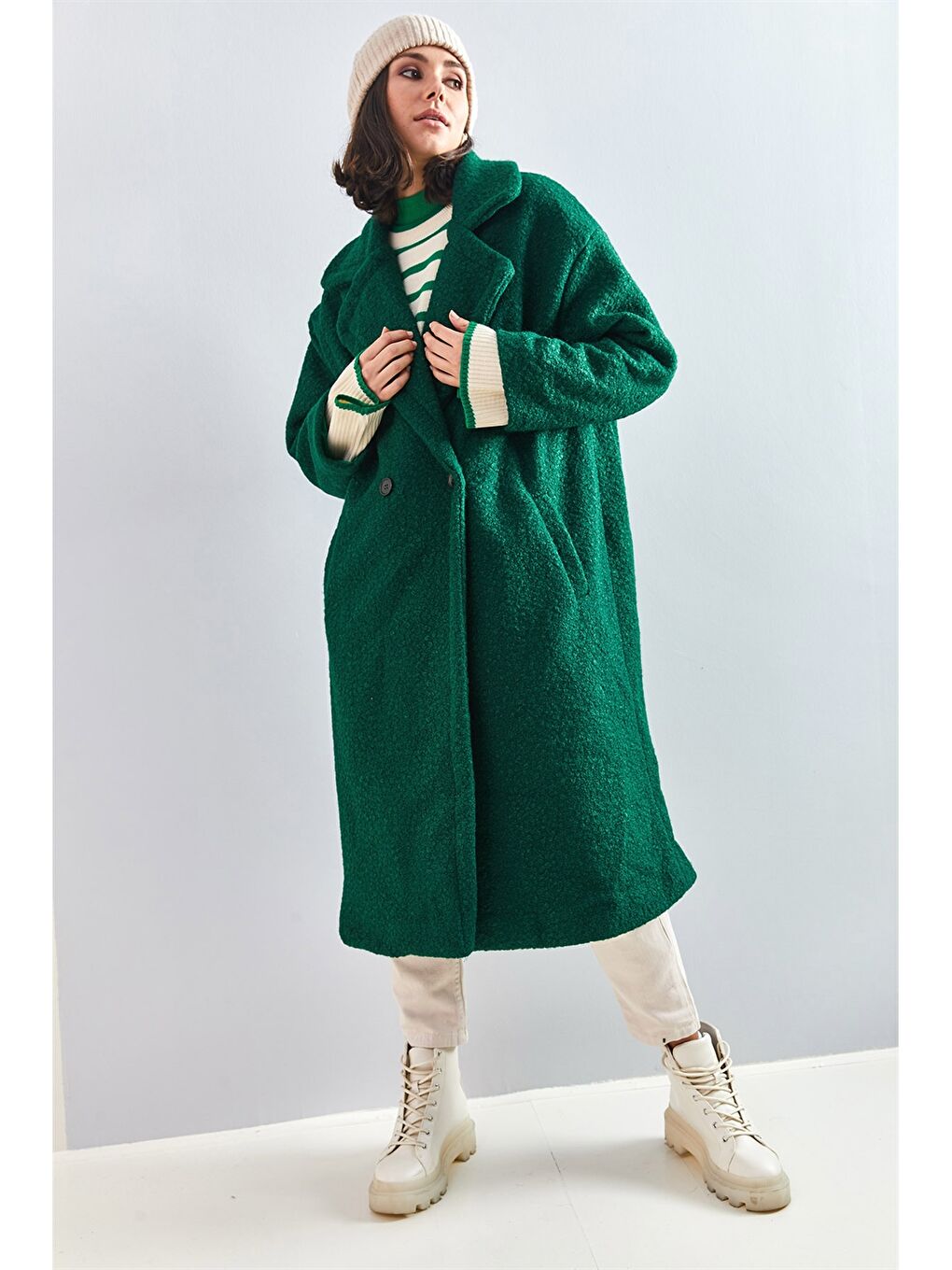 Yeşil Ceket Yaka Düz Uzun Kollu Oversize Kadın Kaban-1