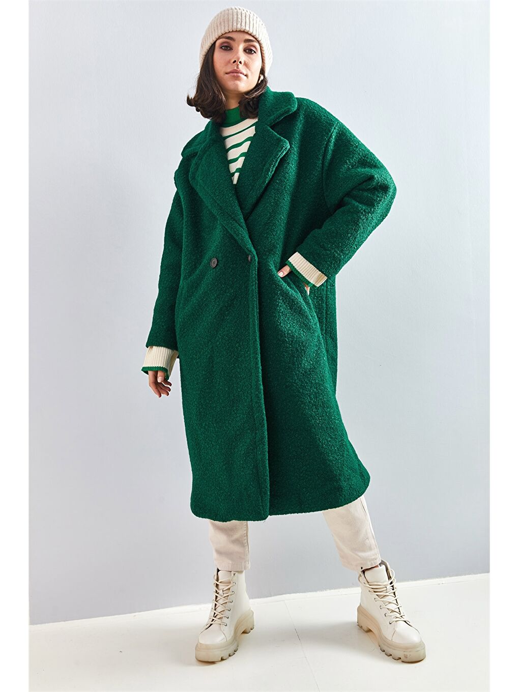 Yeşil Ceket Yaka Düz Uzun Kollu Oversize Kadın Kaban-2