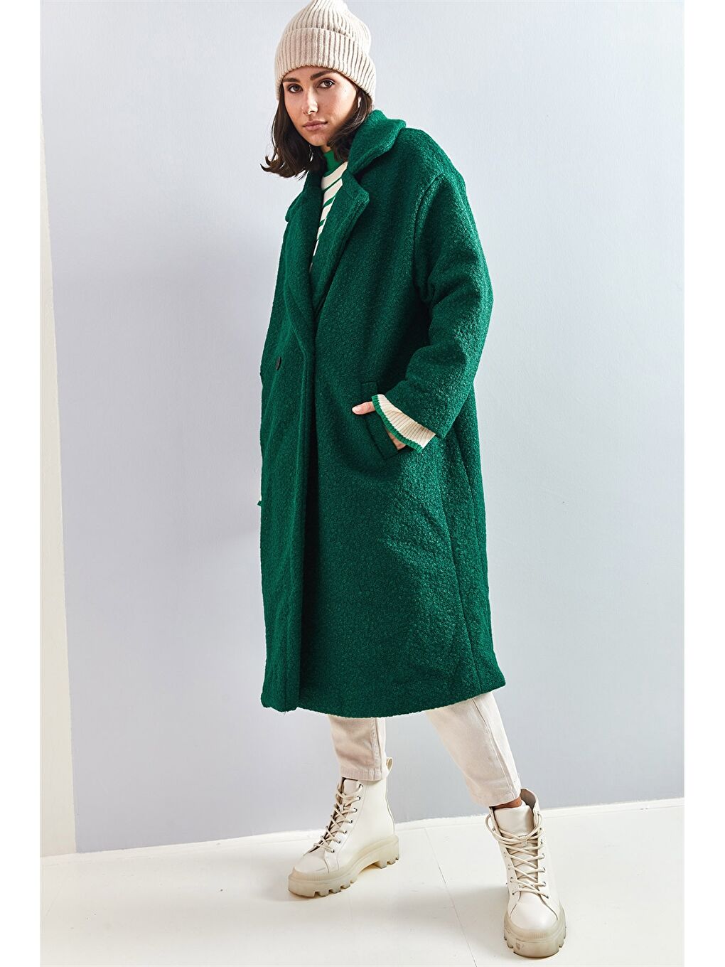 Yeşil Ceket Yaka Düz Uzun Kollu Oversize Kadın Kaban-4