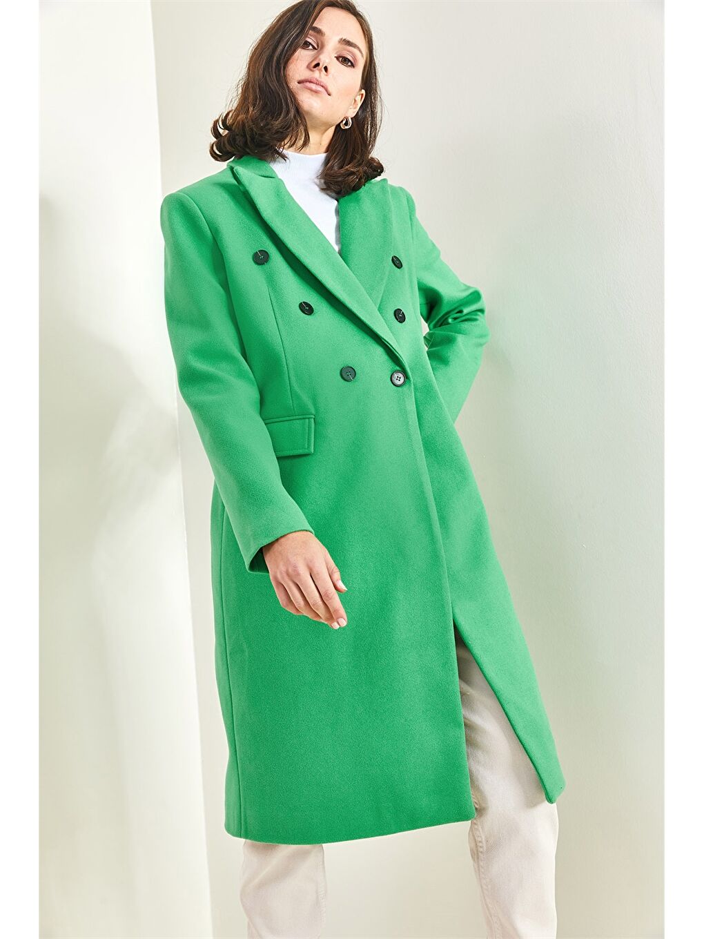 Yeşil Ceket Yaka Düz Uzun Kollu Oversize Kadın Kaşe Kaban-1