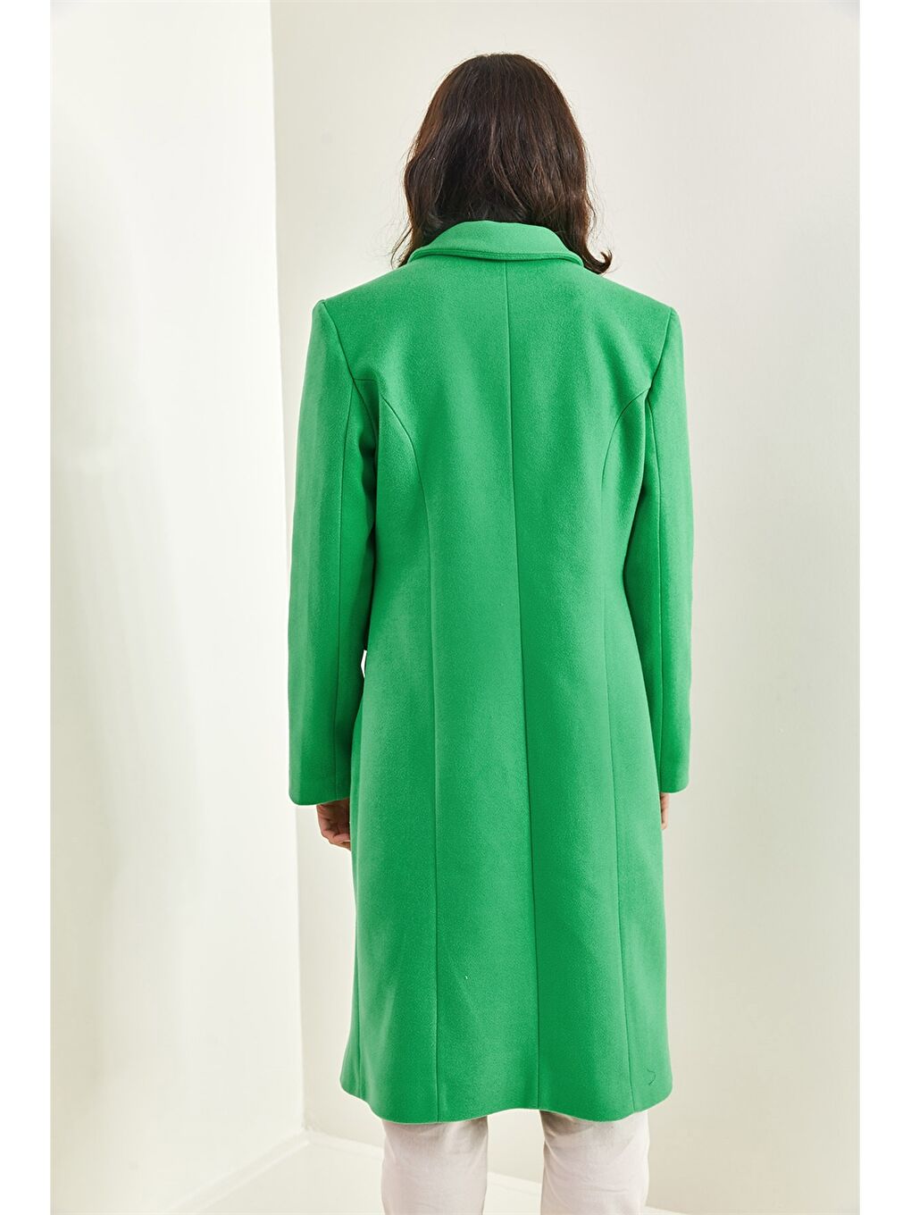 Yeşil Ceket Yaka Düz Uzun Kollu Oversize Kadın Kaşe Kaban-2
