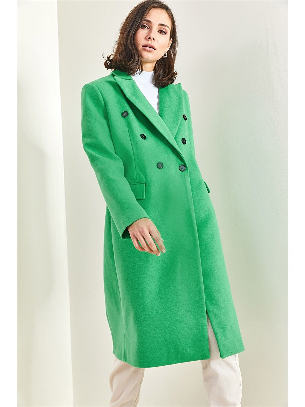 Yeşil Ceket Yaka Düz Uzun Kollu Oversize Kadın Kaşe Kaban-3