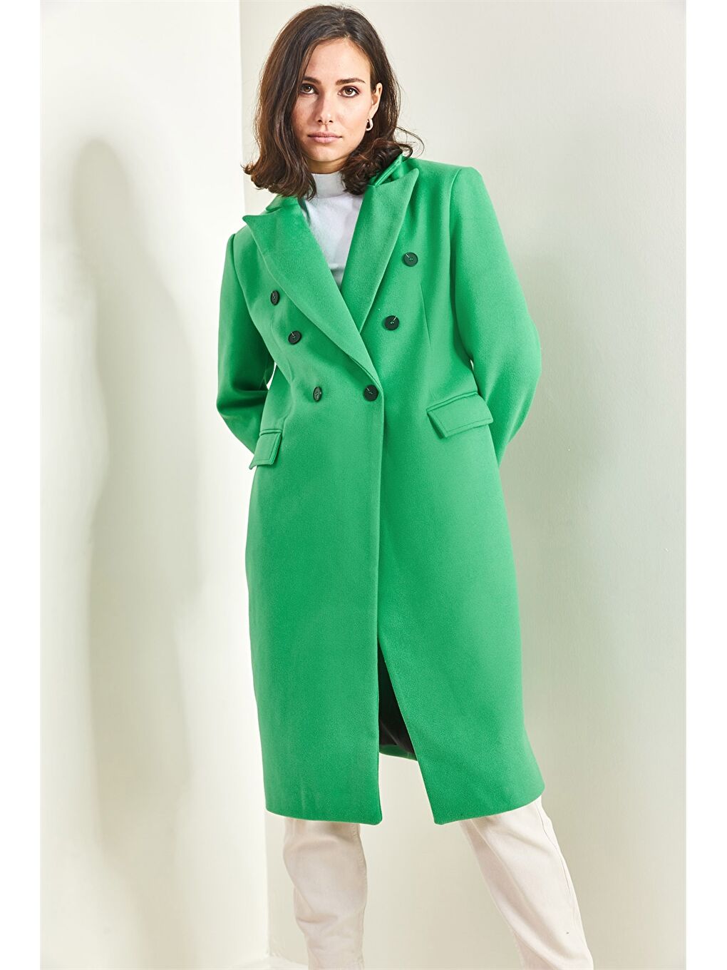Yeşil Ceket Yaka Düz Uzun Kollu Oversize Kadın Kaşe Kaban-4