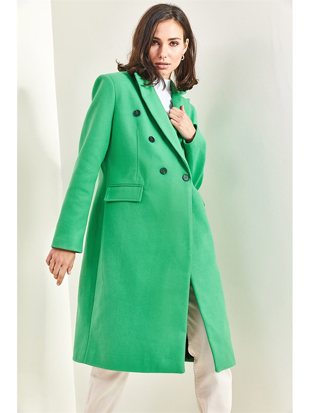 Yeşil Ceket Yaka Düz Uzun Kollu Oversize Kadın Kaşe Kaban-5