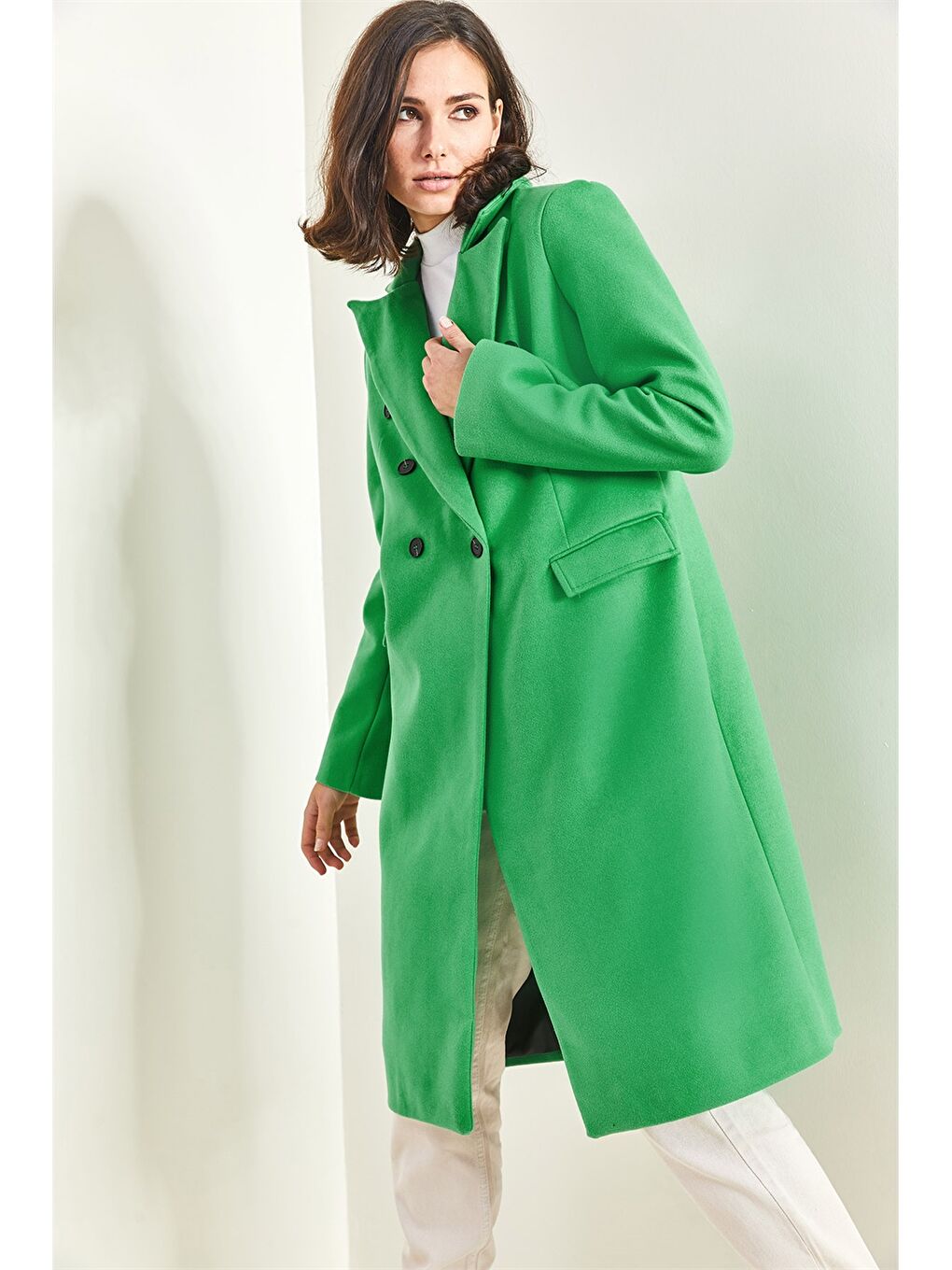Yeşil Ceket Yaka Düz Uzun Kollu Oversize Kadın Kaşe Kaban-6