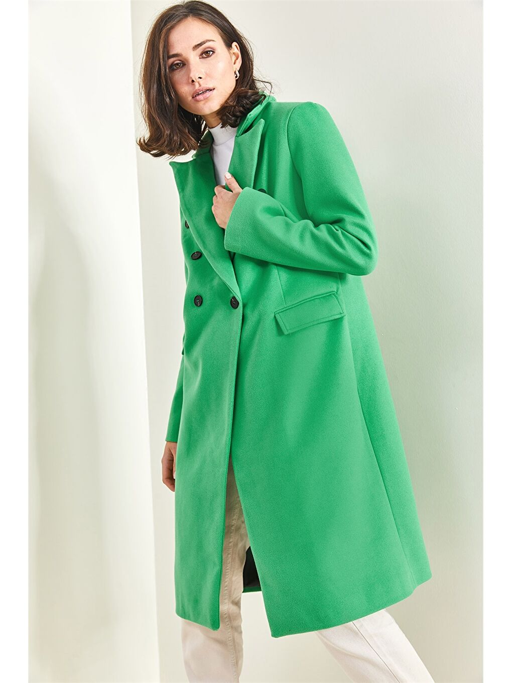 Yeşil Ceket Yaka Düz Uzun Kollu Oversize Kadın Kaşe Kaban-7