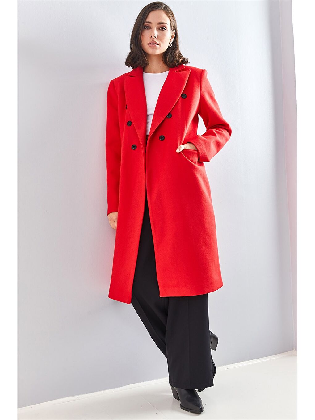 Kırmızı Ceket Yaka Düz Uzun Kollu Oversize Kadın Kaşe Kaban