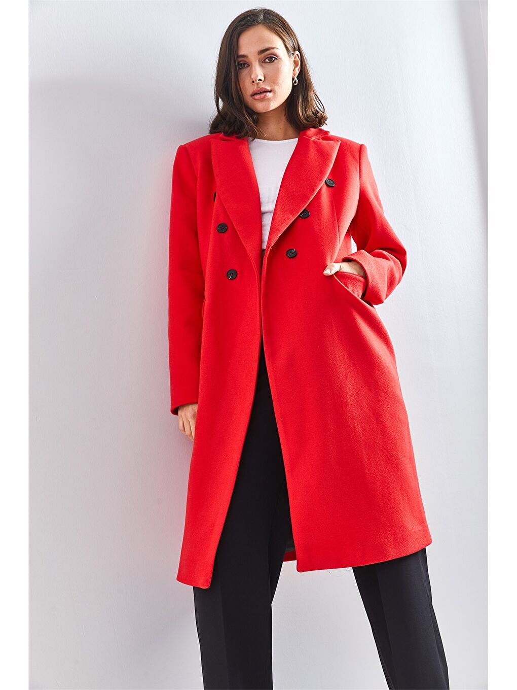 Kırmızı Ceket Yaka Düz Uzun Kollu Oversize Kadın Kaşe Kaban-1