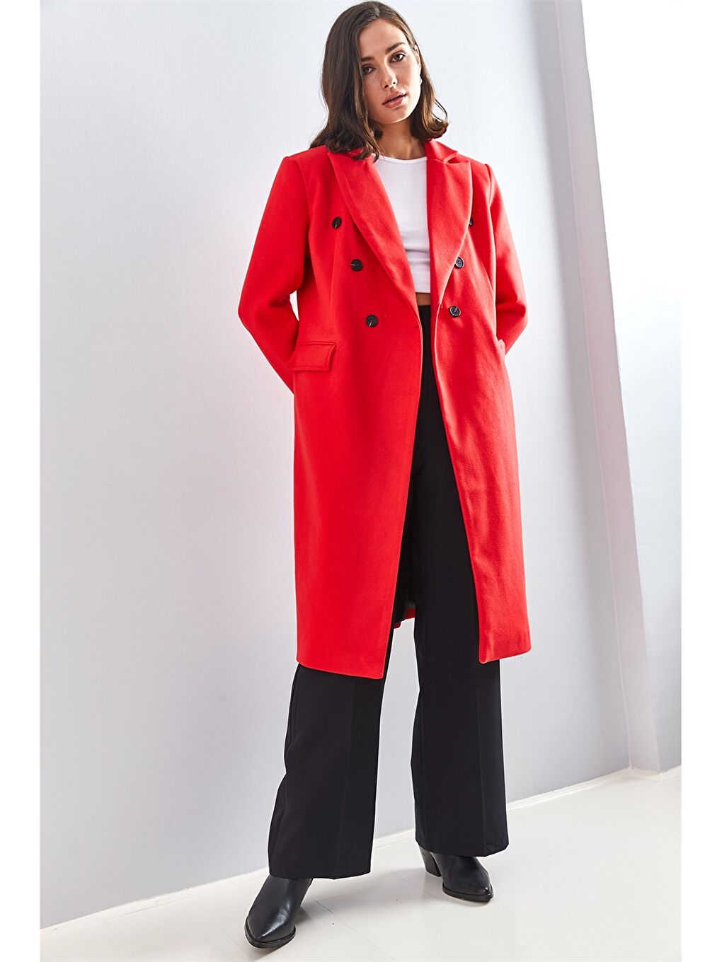Kırmızı Ceket Yaka Düz Uzun Kollu Oversize Kadın Kaşe Kaban-2