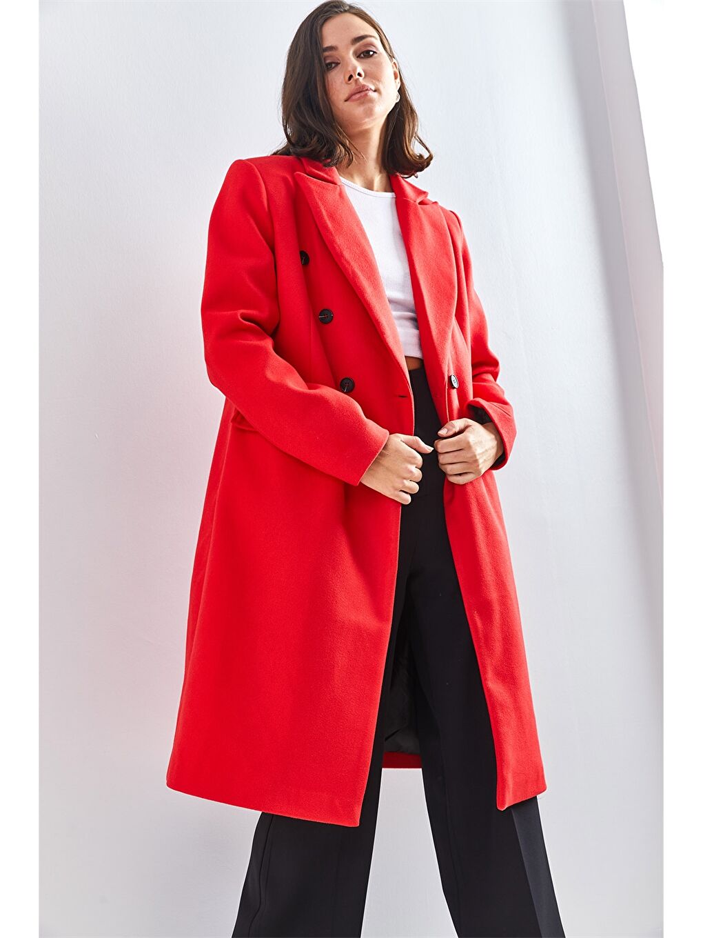 Kırmızı Ceket Yaka Düz Uzun Kollu Oversize Kadın Kaşe Kaban-3
