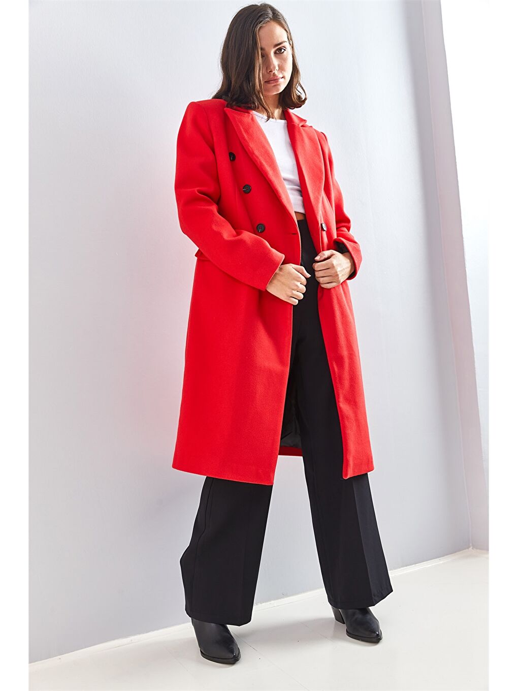 Kırmızı Ceket Yaka Düz Uzun Kollu Oversize Kadın Kaşe Kaban-4