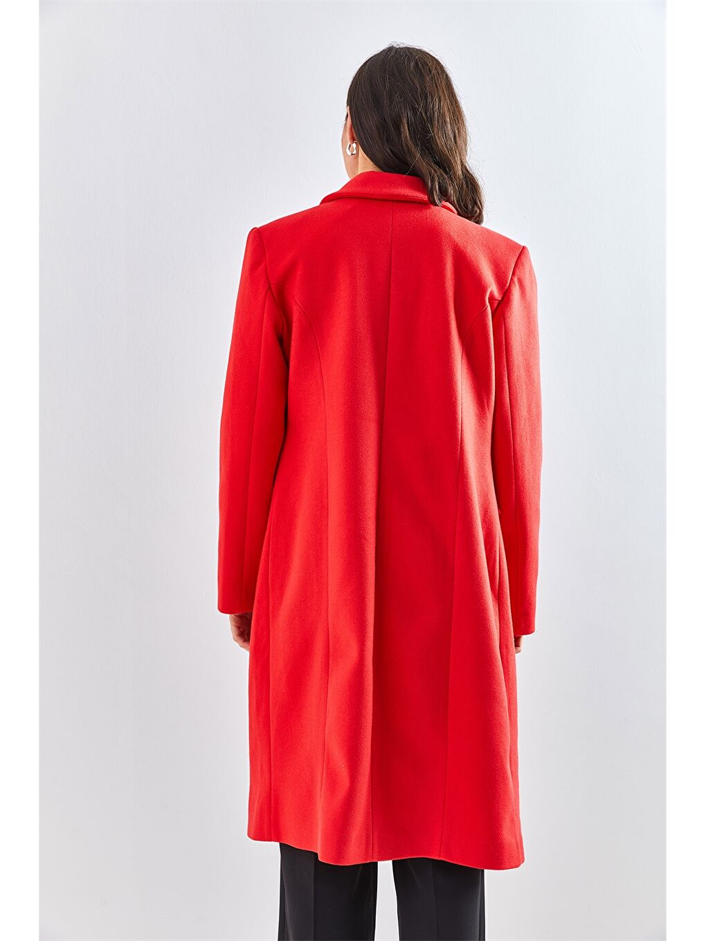 Kırmızı Ceket Yaka Düz Uzun Kollu Oversize Kadın Kaşe Kaban-5