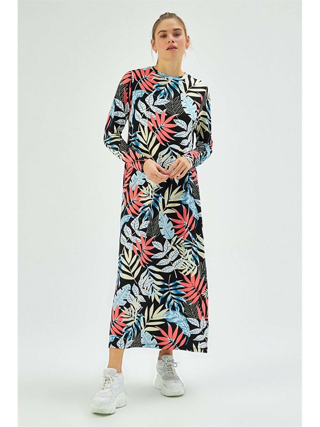 Fuşya Bisiklet Yaka Çiçekli Uzun Kollu Kadın Elbise