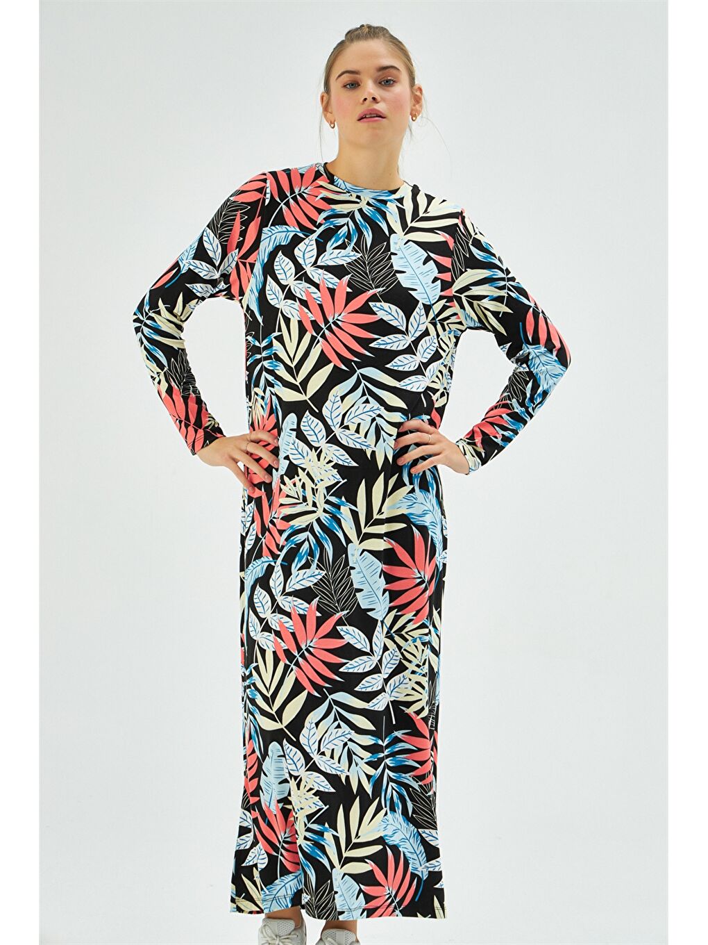 Fuşya Bisiklet Yaka Çiçekli Uzun Kollu Kadın Elbise-2