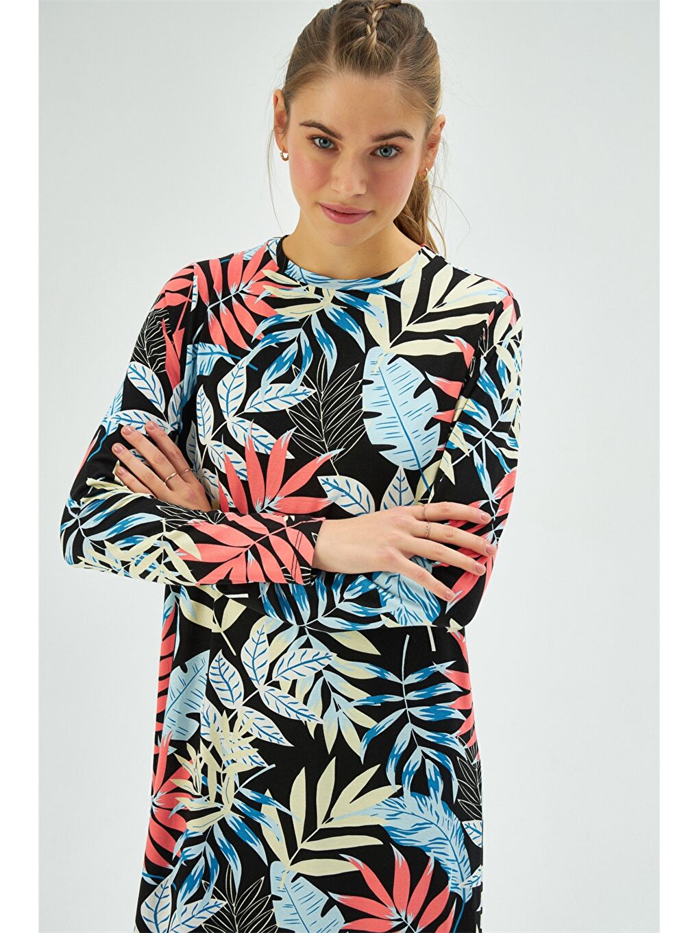 Fuşya Bisiklet Yaka Çiçekli Uzun Kollu Kadın Elbise-3