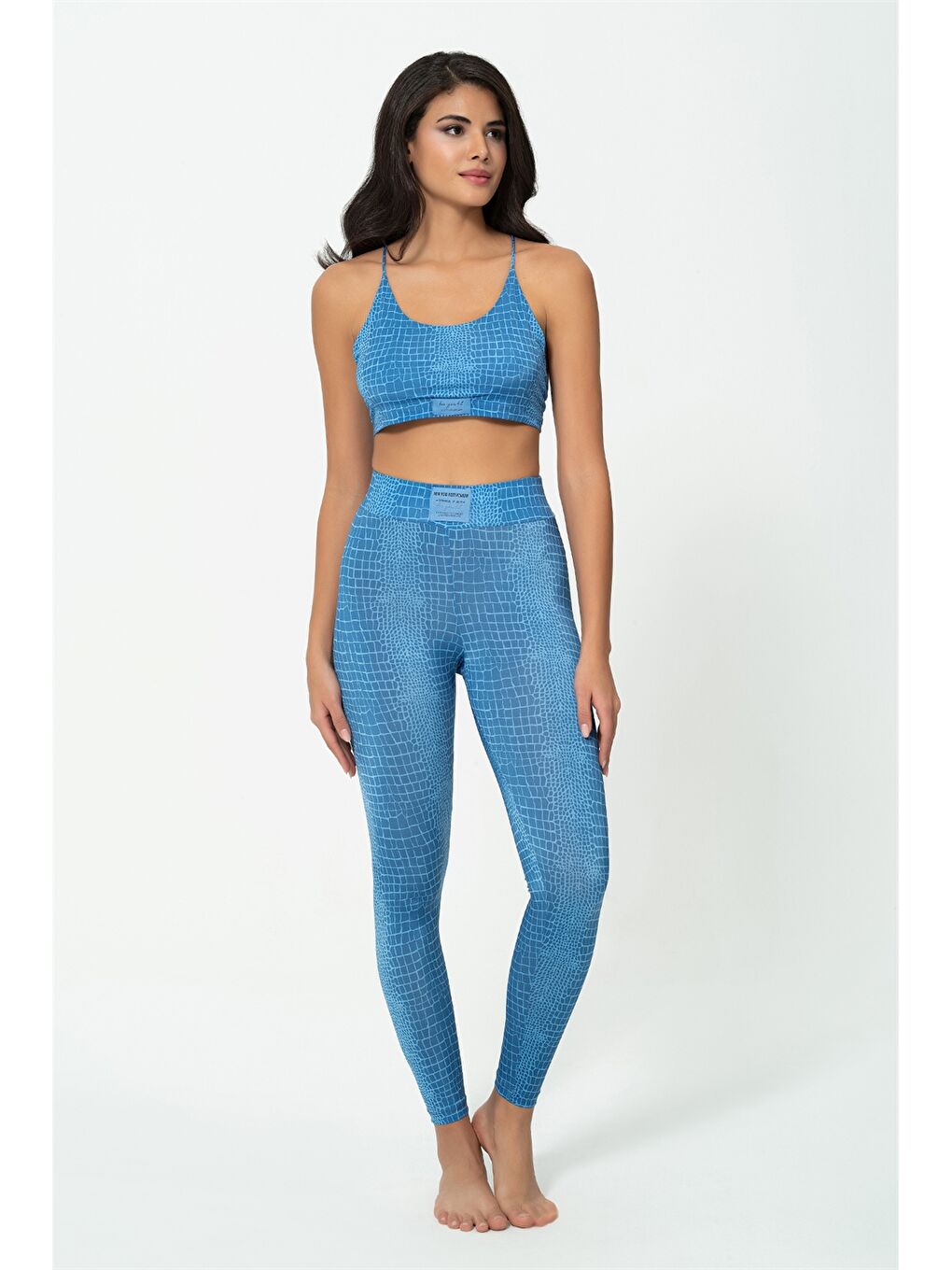 Mavi Desenli Kadın Büstiyer, Tişört ve Tayt Takım