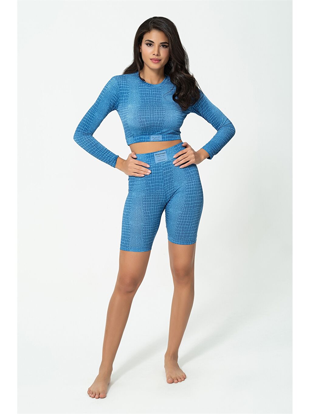 Mavi Desenli Kadın Büstiyer, Tişört ve Tayt Takım-4