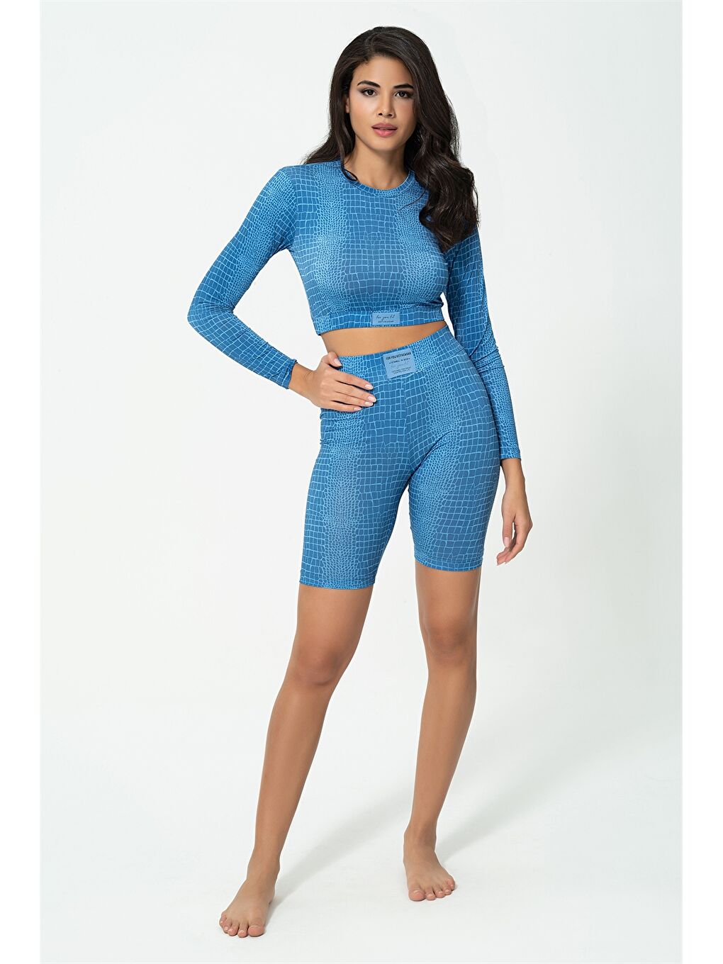 Mavi Desenli Kadın Büstiyer, Tişört ve Tayt Takım-5