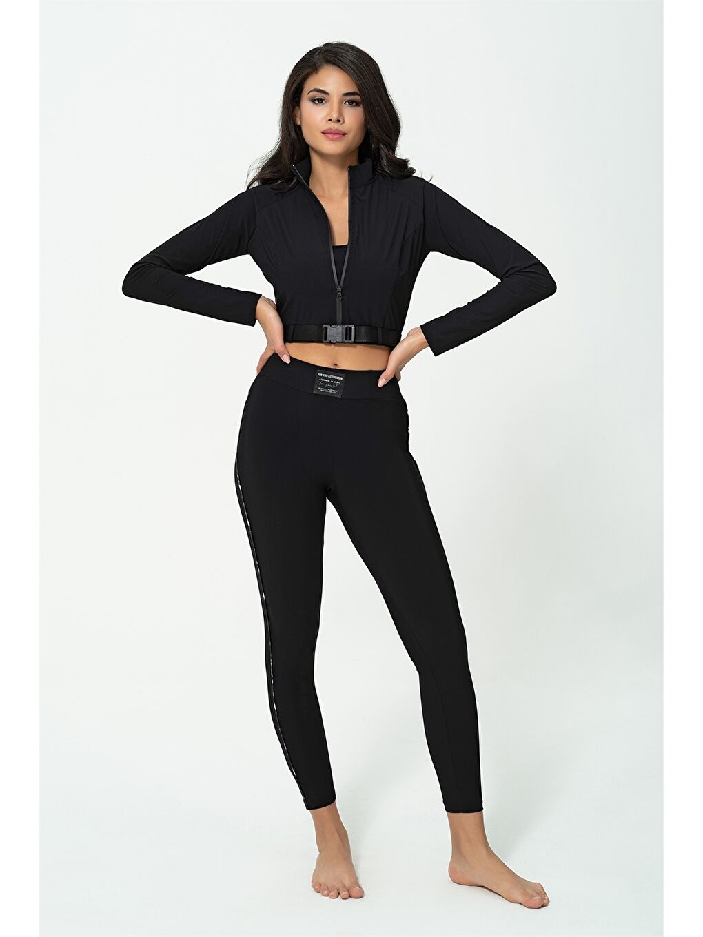 Siyah Baskılı Kadın Atlet, Hırka ve Tayt Takım-1