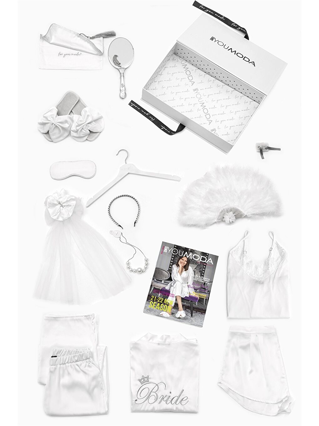 Ekru Bride Nakışlı Saten Pijama Takım 13'lü Paket