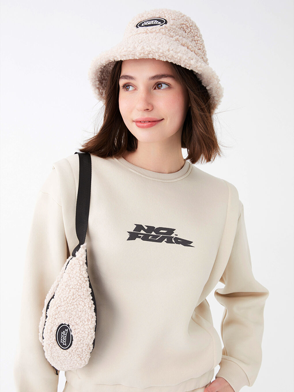 Bej Bisiklet Yaka Baskılı Uzun Kollu Kadın Sweatshirt-1