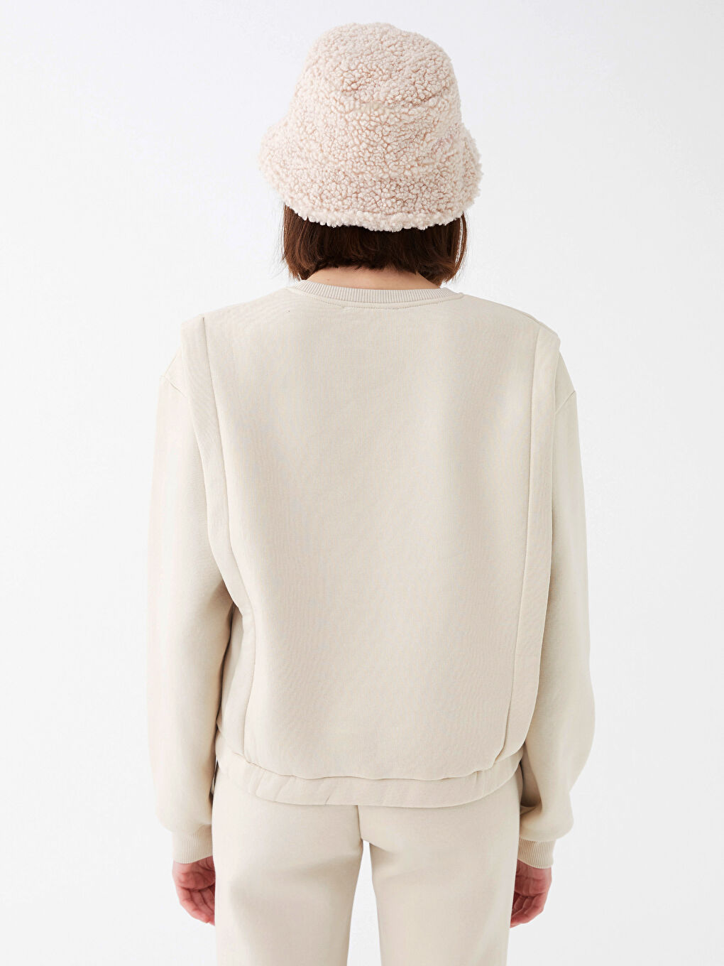 Bej Bisiklet Yaka Baskılı Uzun Kollu Kadın Sweatshirt-5