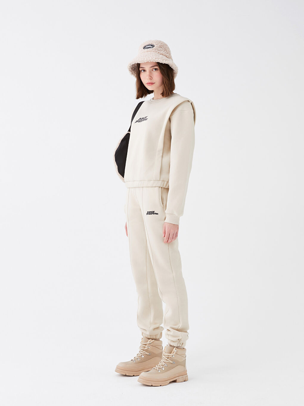 Bej Beli Lastikli Baskılı Kadın Jogger Eşofman Altı-1