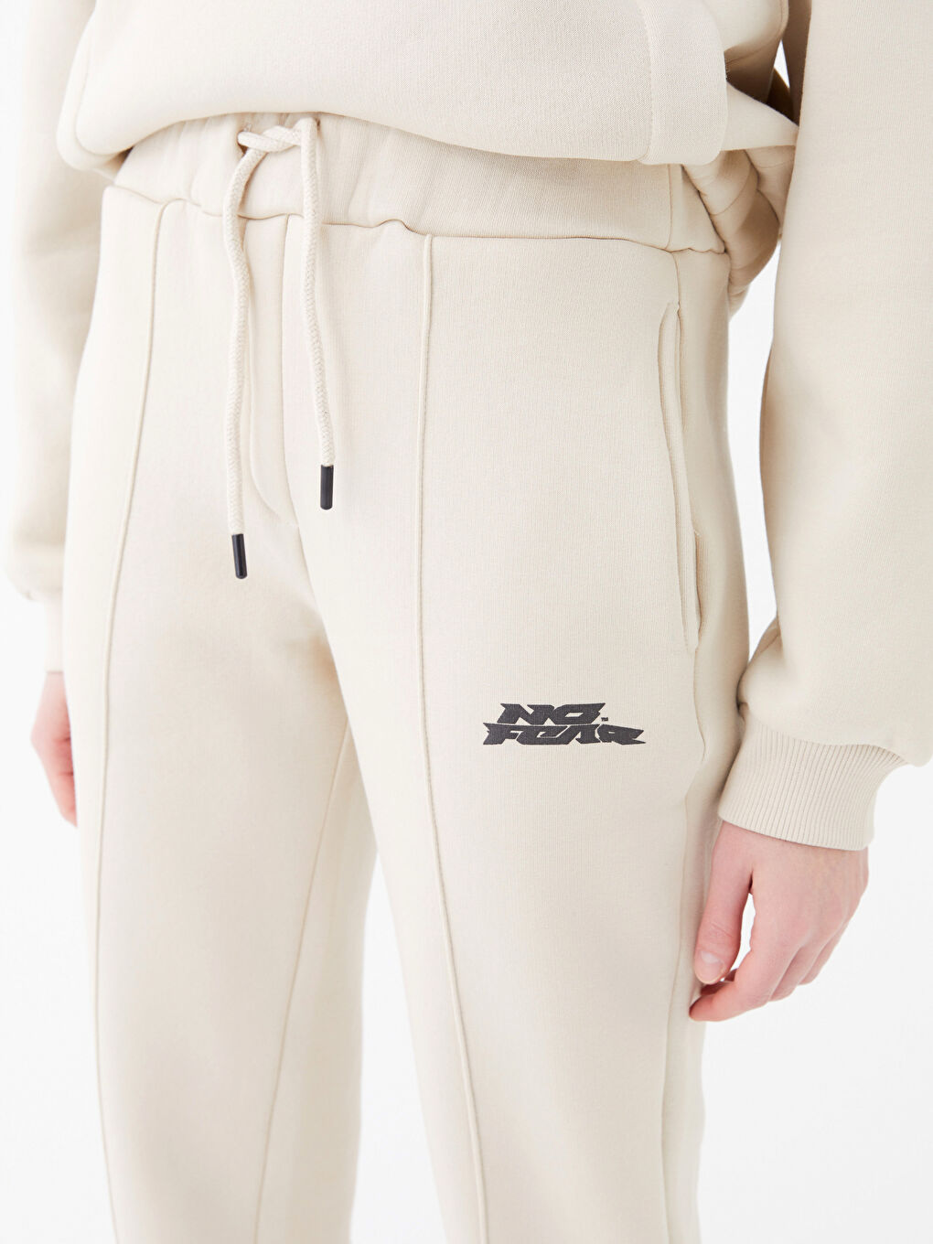 Bej Beli Lastikli Baskılı Kadın Jogger Eşofman Altı-3