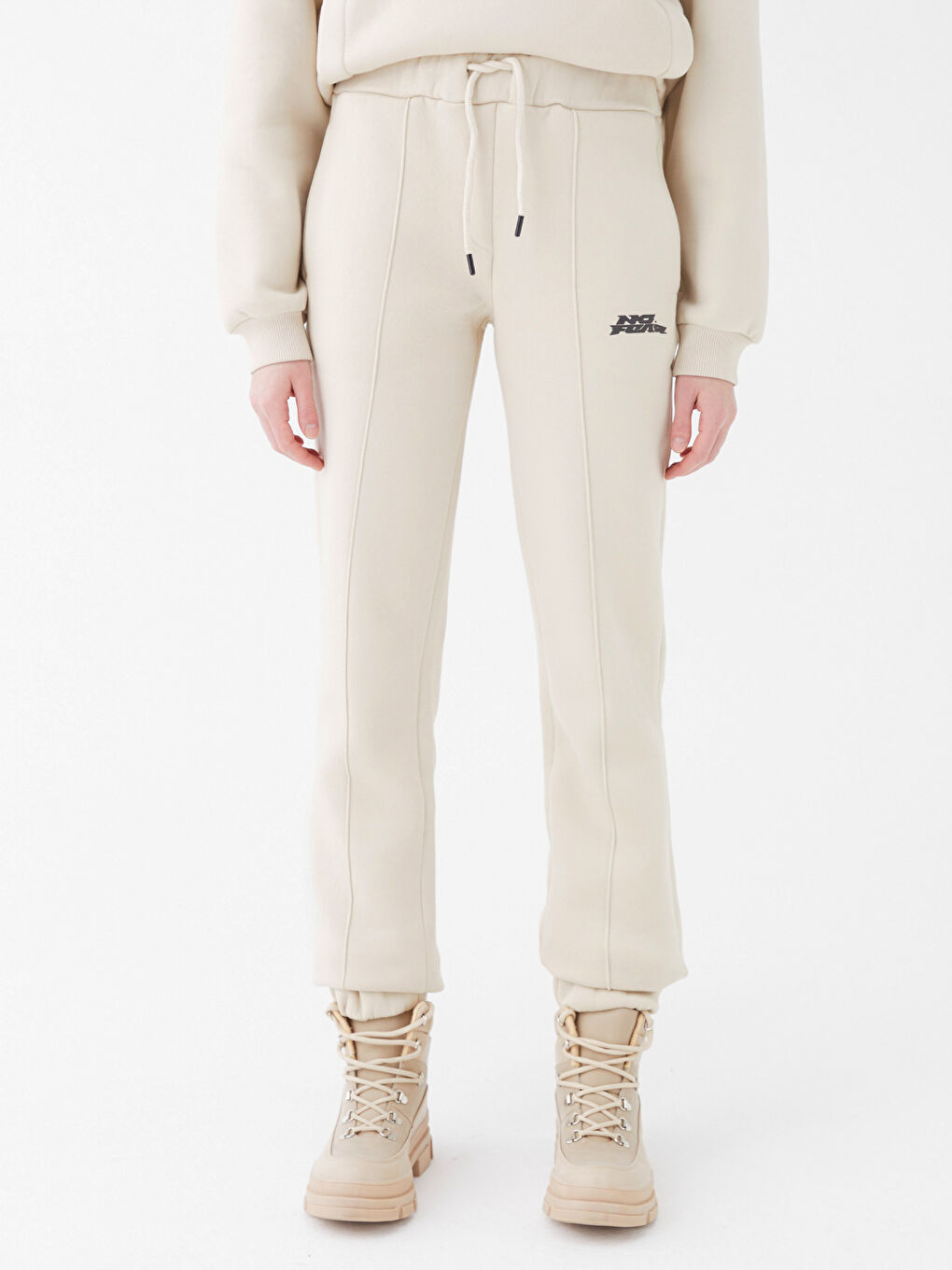 Bej Beli Lastikli Baskılı Kadın Jogger Eşofman Altı-4