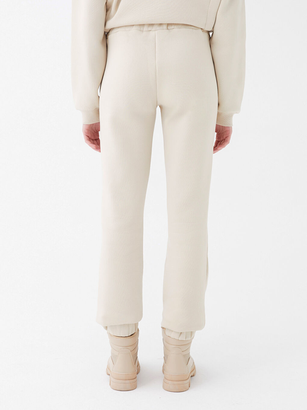 Bej Beli Lastikli Baskılı Kadın Jogger Eşofman Altı-5