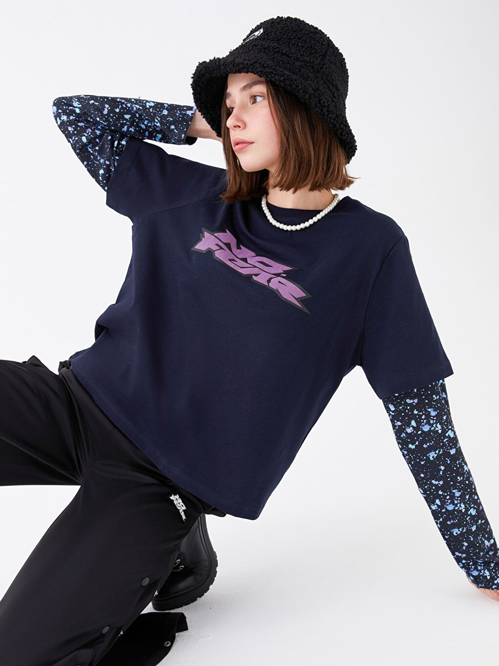 Lacivert Bisiklet Yaka Baskılı Uzun Kollu Kadın Tişört