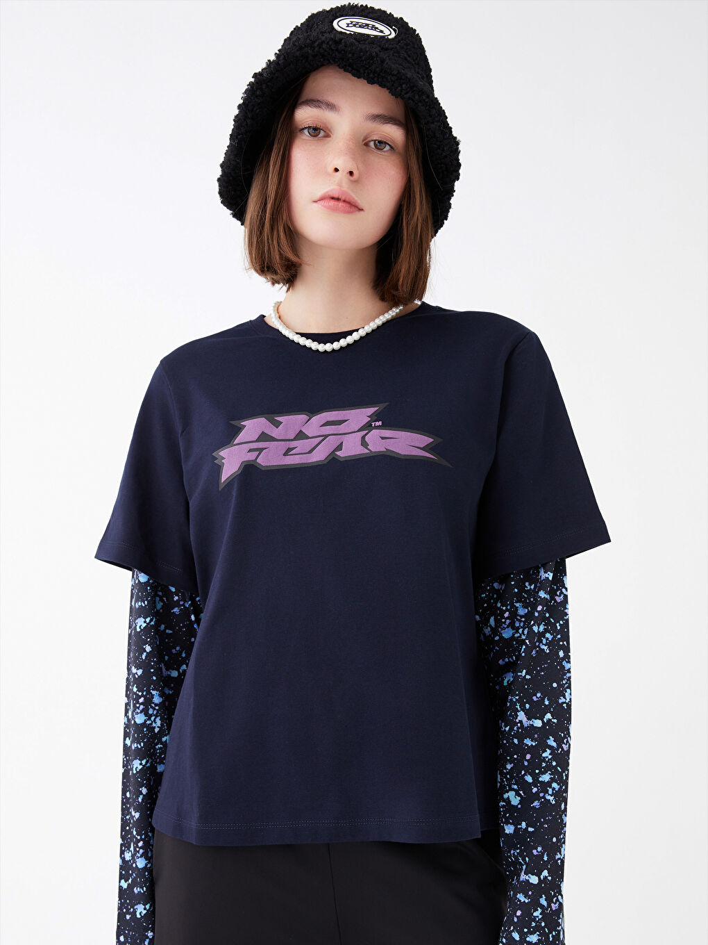 Lacivert Bisiklet Yaka Baskılı Uzun Kollu Kadın Tişört-1