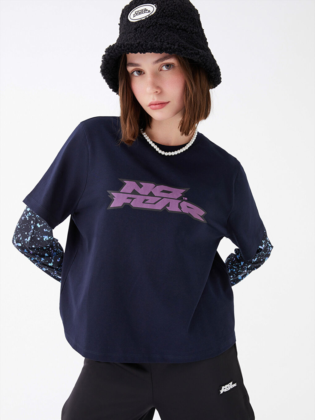 Lacivert Bisiklet Yaka Baskılı Uzun Kollu Kadın Tişört-2