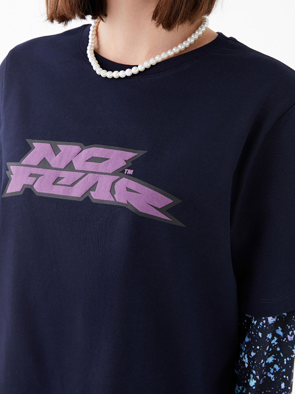 Lacivert Bisiklet Yaka Baskılı Uzun Kollu Kadın Tişört-4