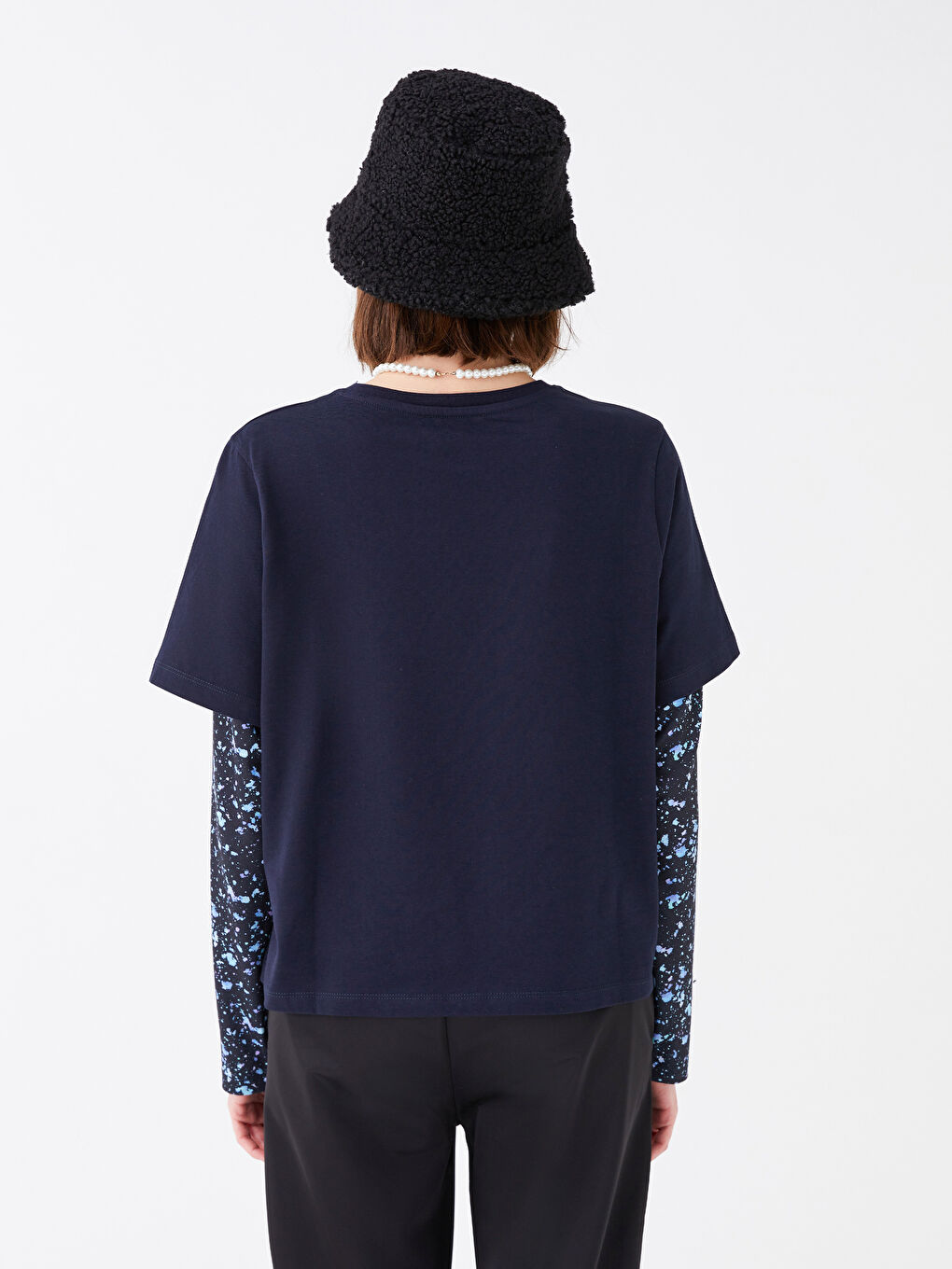 Lacivert Bisiklet Yaka Baskılı Uzun Kollu Kadın Tişört-5