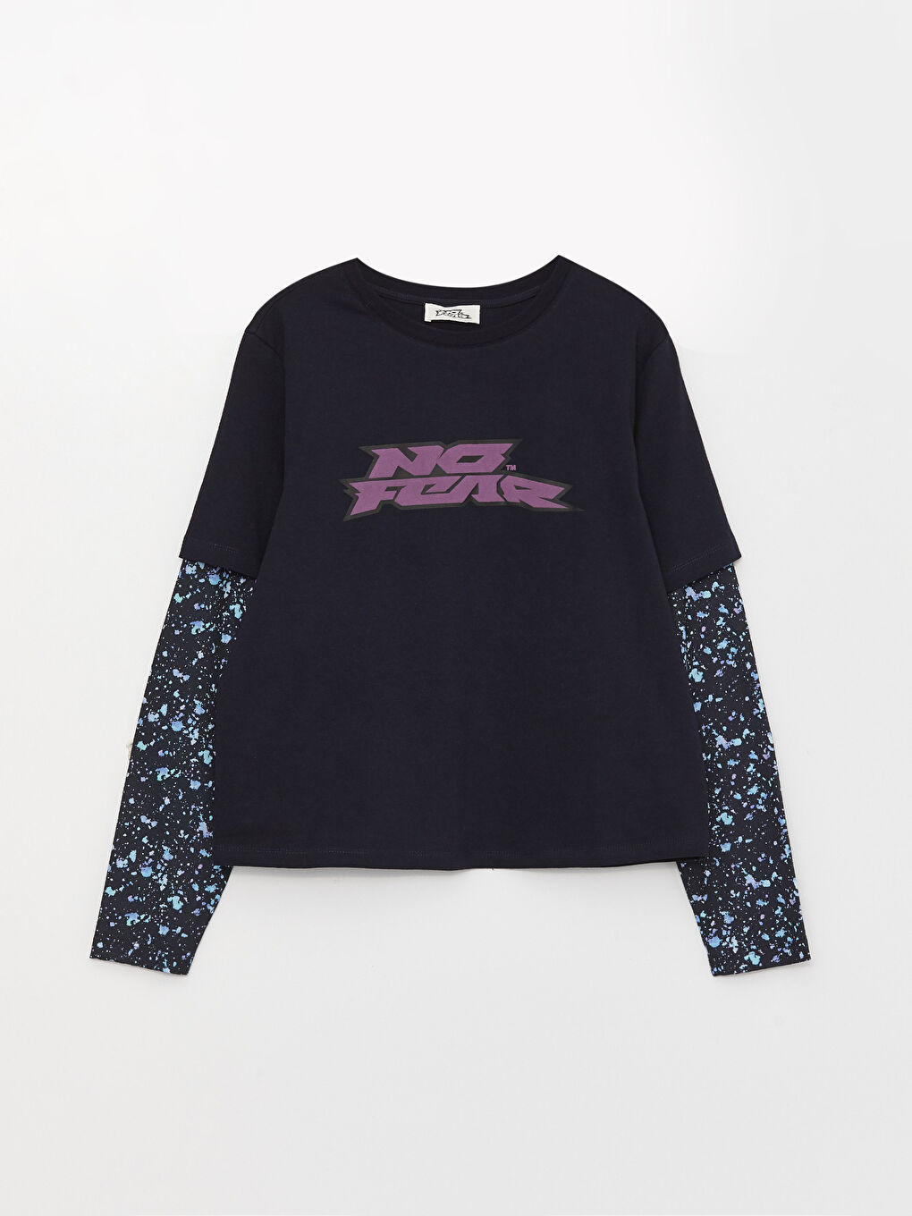 Lacivert Bisiklet Yaka Baskılı Uzun Kollu Kadın Tişört-6