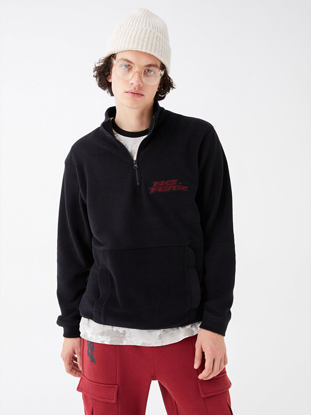 Siyah Dik Yaka Uzun Kollu Polar Erkek Sweatshirt-3