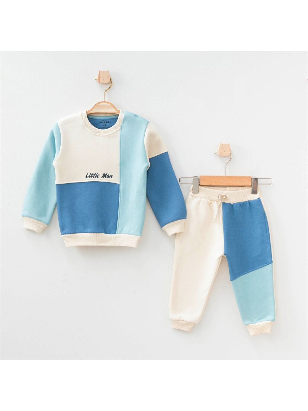 Bej Bisiklet Yaka Uzun Kollu Erkek Bebek Sweatshirt ve Eşofman Alt 2'li Takım