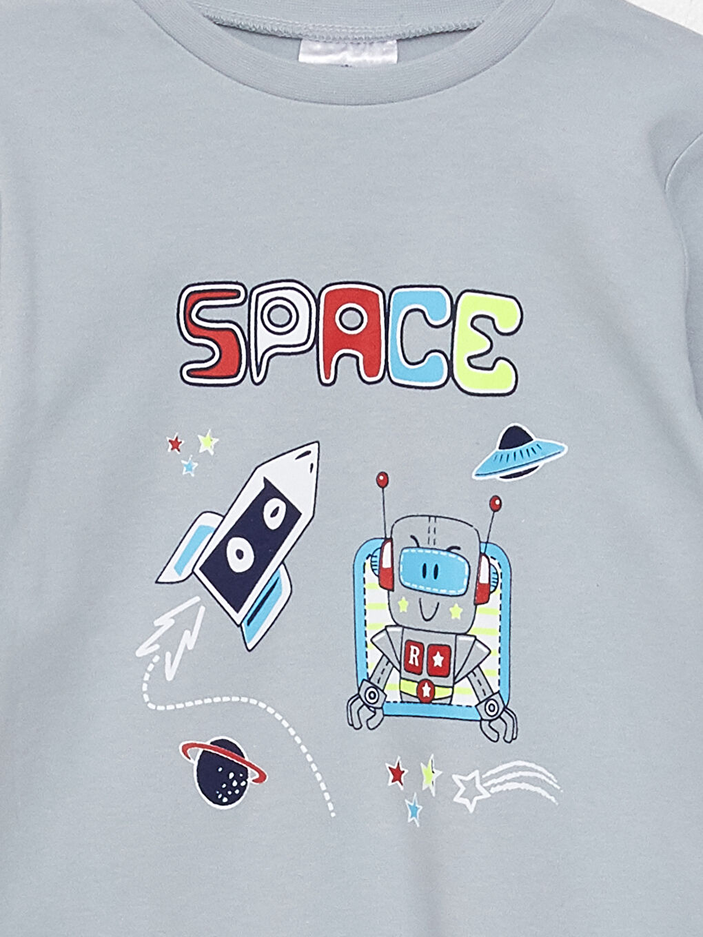 Gri Bisiklet Yaka Baskılı Uzun Kollu Erkek Çocuk Pijama Takımı-3