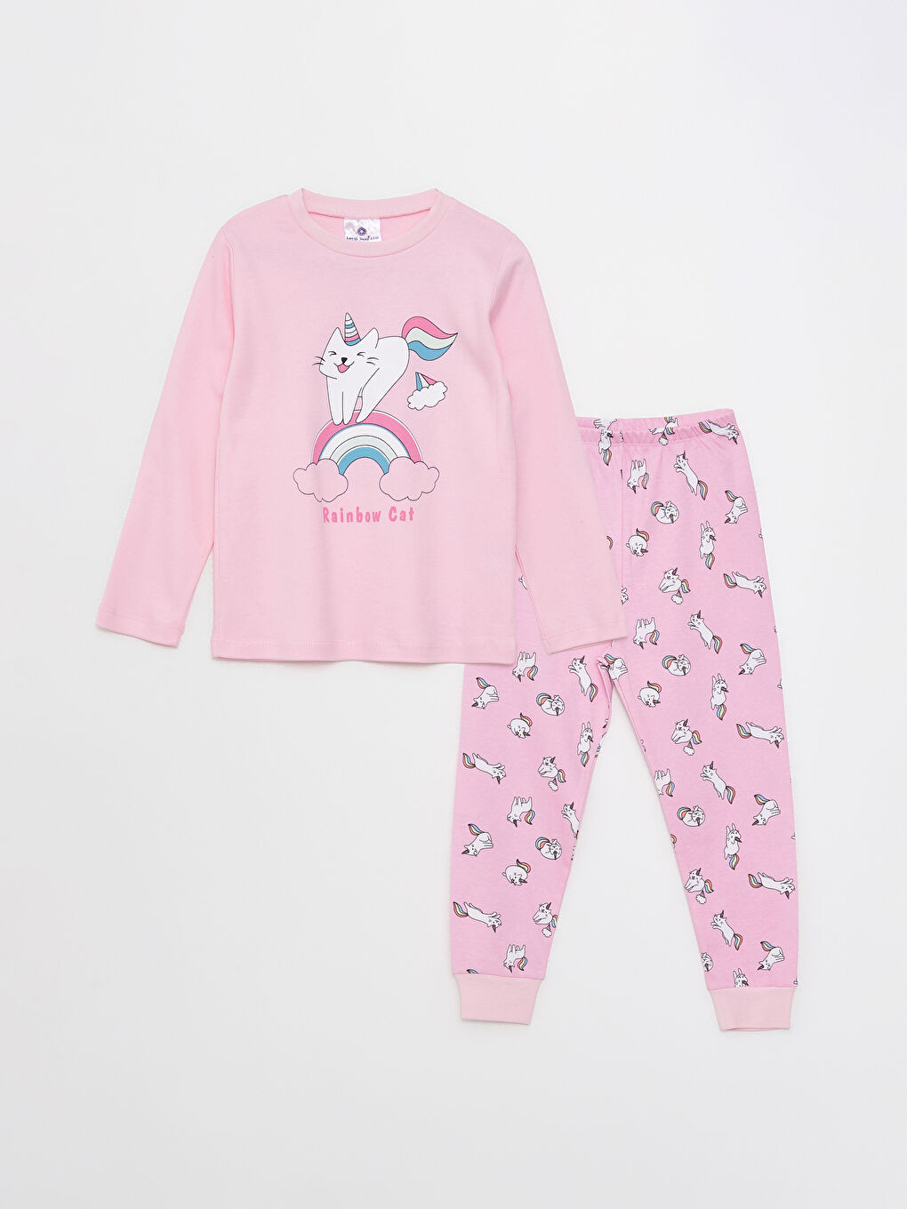 LUGGİ BABY Pembe Bisiklet Yaka Baskılı Uzun Kollu Kız Çocuk Pijama Takımı