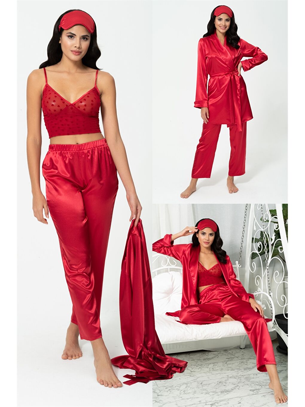 Kırmızı Kalp Yaka Askılı Desenli Kadın Pijama Takımı