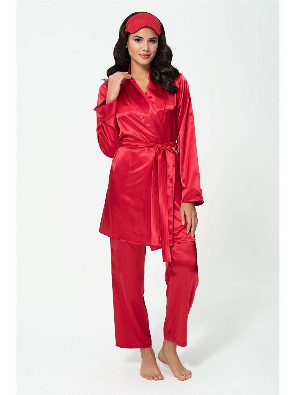 Kırmızı Kalp Yaka Askılı Desenli Kadın Pijama Takımı-2