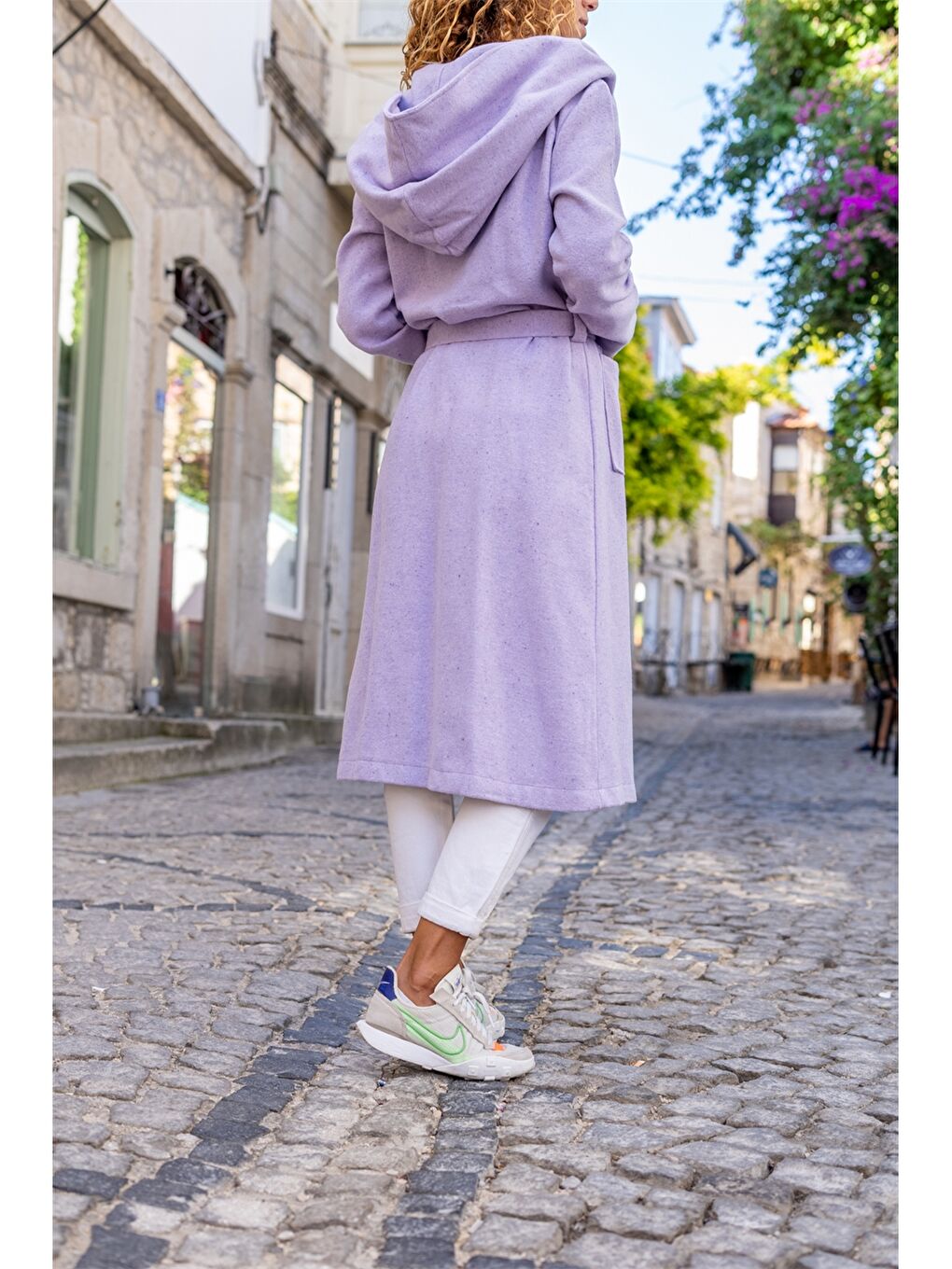 Lila Kapüşonlu Düz Uzun Kollu Kadın Kaşe Kaban-1