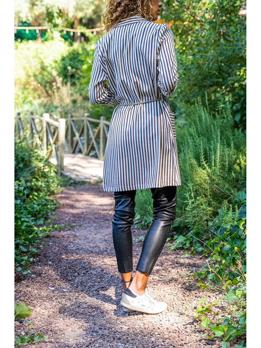 Turuncu Çizgili Uzun Kollu Keten Kadın Ceket-1