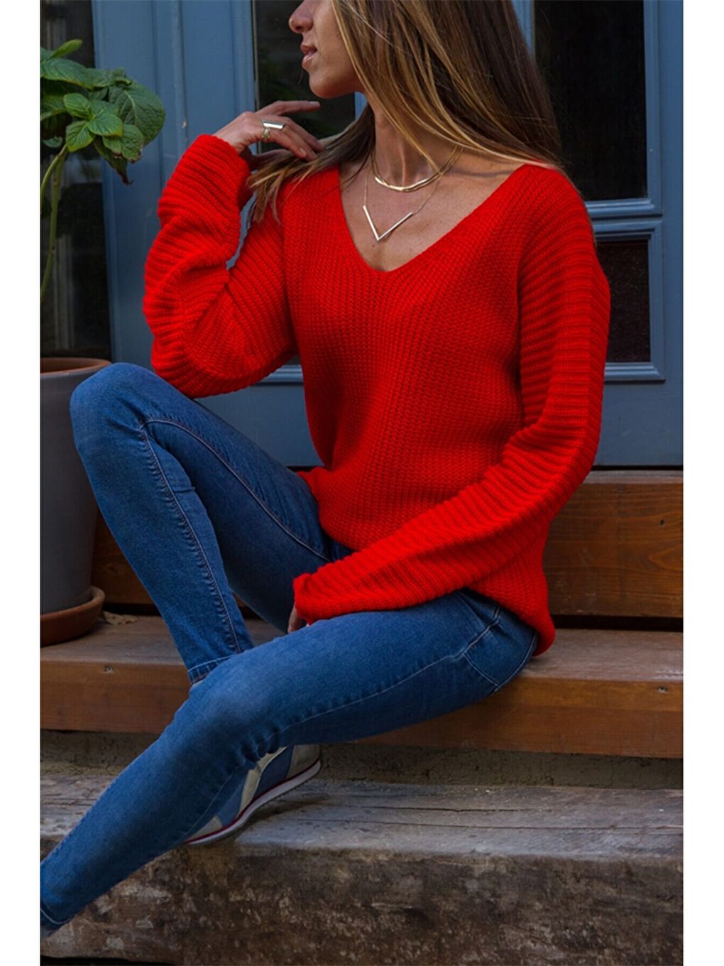 Pembe V Yaka Düz Uzun Kollu Kadın Triko Kazak