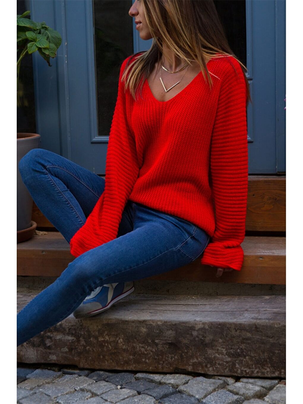 Pembe V Yaka Düz Uzun Kollu Kadın Triko Kazak-1