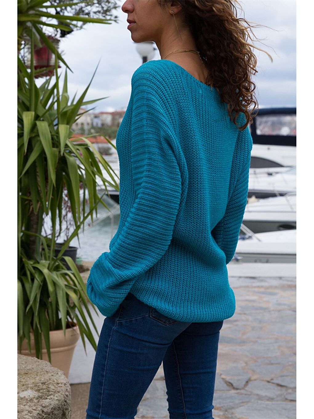 Mavi V Yaka Düz Uzun Kollu Kadın Triko Kazak-1