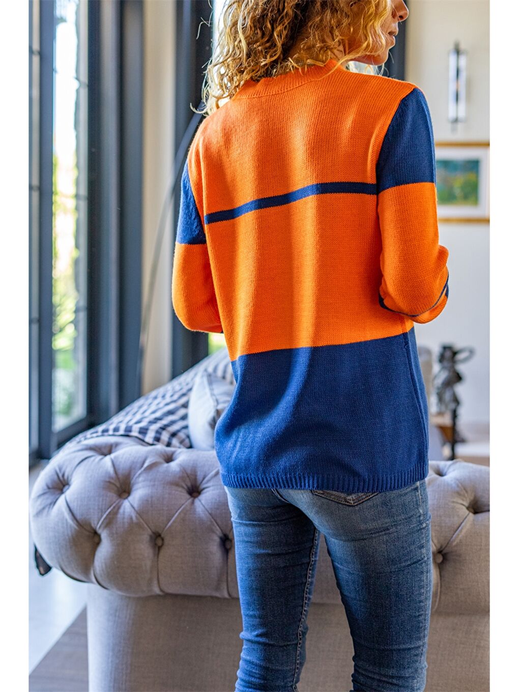 Turuncu Bisiklet Yaka Renk Bloklu Uzun Kollu Kadın Triko Kazak-1
