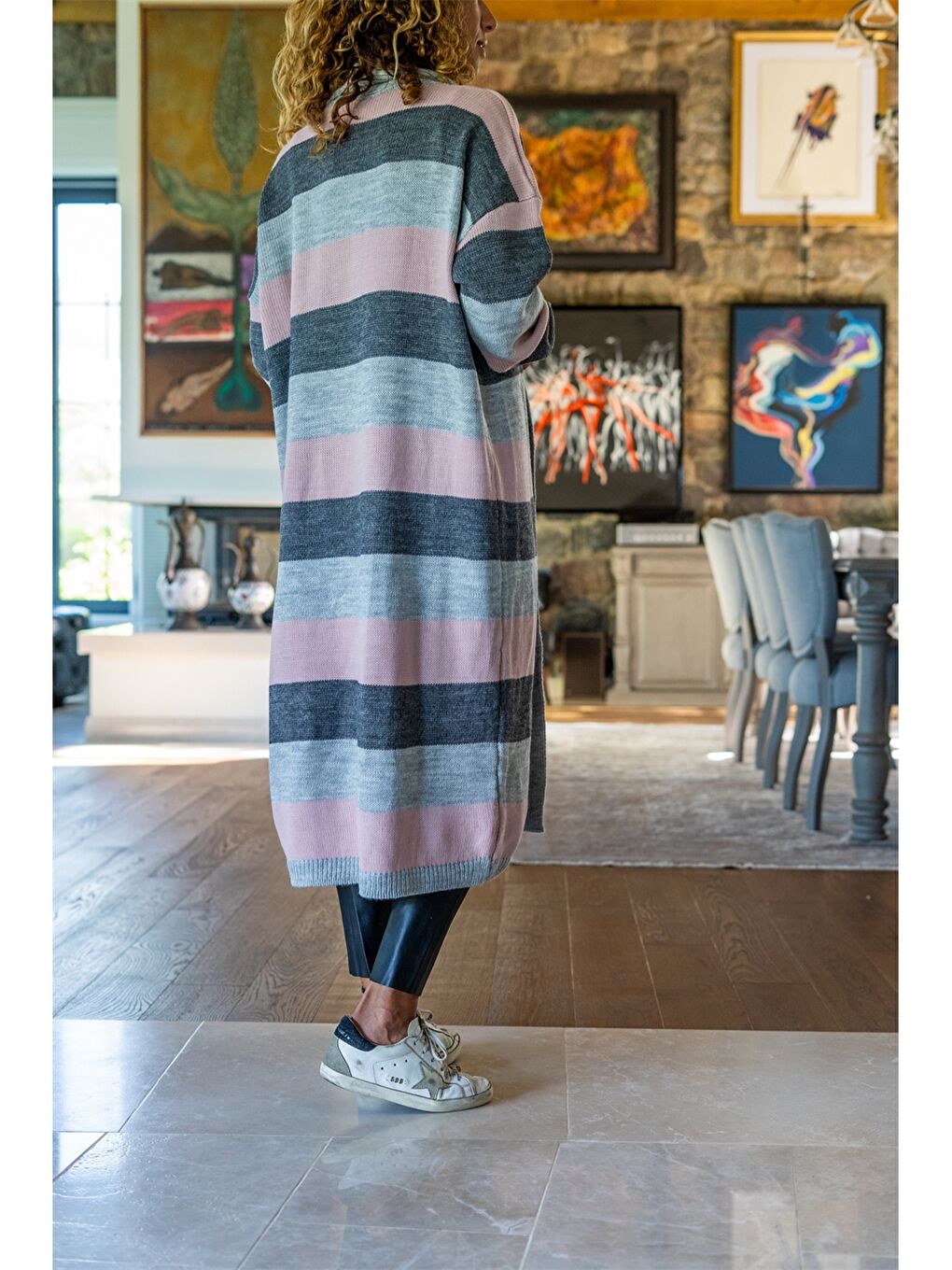 Gri Şal Yaka Renk Bloklu Uzun Kollu Oversize Kadın Triko Hırka-1