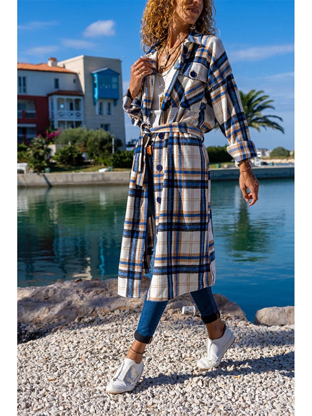 Mavi Gömlek Yaka Ekose Uzun Kollu Kadın Ceket